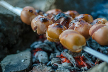 picnic with roasted sausages on red hot coals with smoky on a green natural background