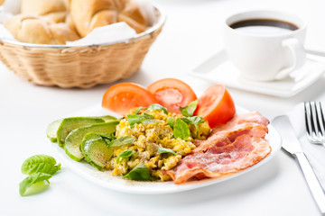 bacon and eggs with avocado and tomato, bread and coffee