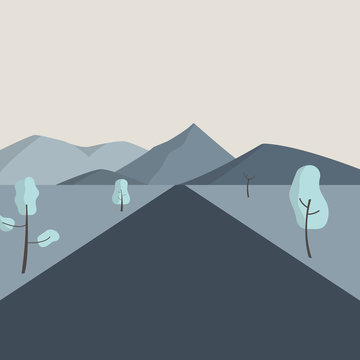 road to mountains, landscape vector illustration.