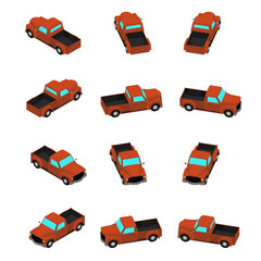 Animation of the rotation retro pickup truck in isometric view. Cartoon orange pickup in 12 types.	