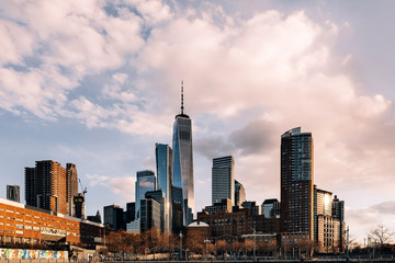 One World Trade center and skyscapers view from Pier 26 Tribeca at sunset