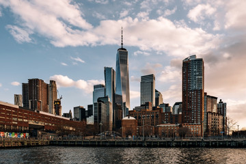 One World Trade center and skyscapers view from Pier 26 Tribeca at sunset