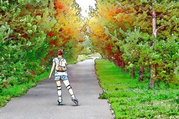 Drawing of a girl rollerscating in park fir alley on summer day.