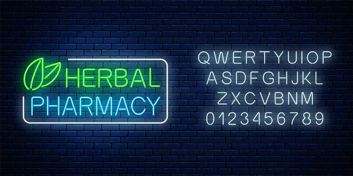 Neon herbal pharmacy sign with alphabet. 100 percent natural medicaments store glowing advertising symbol.