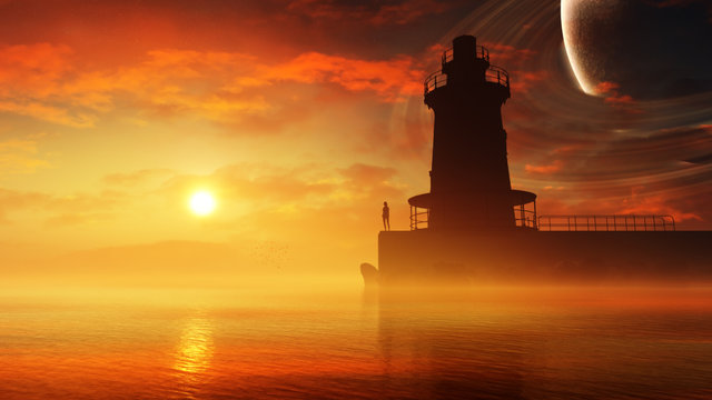 concept art of majestic sunset with lighthouse over the calm sea