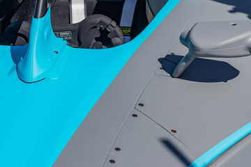 Rome, Italy 2019, March 30th. E-Prix, Formula E. Details of hihg speed electric racing car, carbon and fibreglass textures, blue paint. Extreme sports, design concept, automotive luxury games.