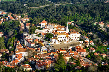 Aerial view of the national palace of Sintra.  Sintra National Palace, view from the Moorish castle, Portugal