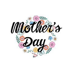 Hand drawn lettering composition Happy Mother’s Day with wild flowers wreath. Isolated on white background. Mother’s day cards, gift. Template for invitation, party, greeting card. Vector illustration