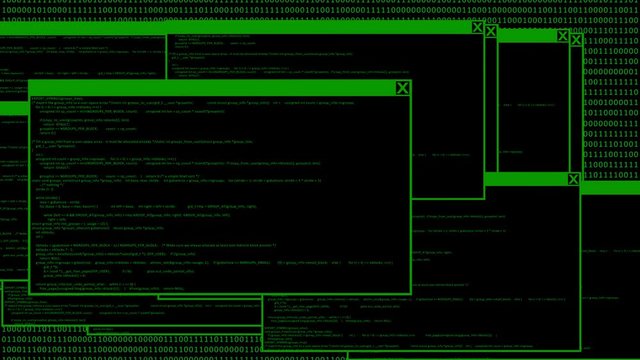 Animation of computer monitor screen showing windows code and text alert sign warning and blinking that the system had been hacked or infected by network virus.