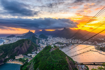 Sunset view of Copacabana,  Corcovado, Urca and Botafogo in Rio de Janeiro. Brazil