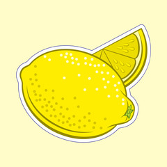 Illustration of Juicy Stylized Whole and Slice Lemon. Icon for Food Apps and Stickers Isolated on a Yellow Background