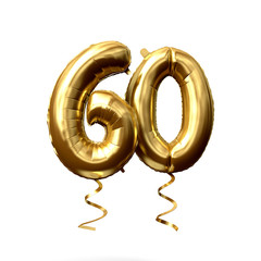 Number 60 gold foil helium balloon isolated on a white background. 3D Render - obrazy, fototapety, plakaty