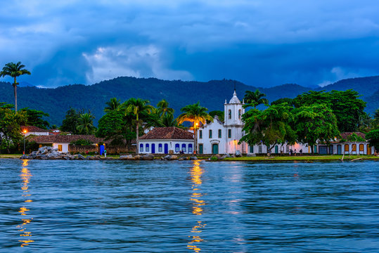 Historical center of Paraty at night, Rio de Janeiro, Brazil. Paraty is a preserved Portuguese colonial and Brazilian Imperial municipality