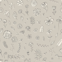 Tender beige floral seamless pattern with light overlapping flowers and leaves. Lovely floral texture with blossoms and herbs for textile, wrapping paper, surface, wallpaper