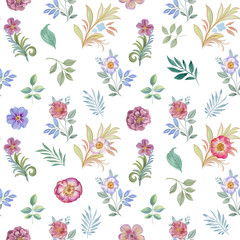 Seamless watercolor flowers pattern. Hand painted flowers of different colors. Flowers for design. Ornament flowers and leaves.