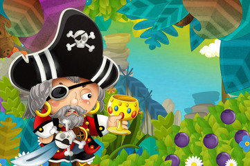 cartoon scene with pirate and treasure in the jungle - illustration for children