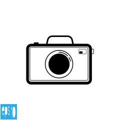 Black color photo camera icon, black thin line - vector illustration