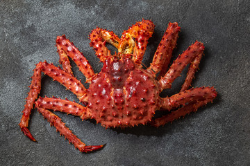 Red king crab on gray background. King crab, lemon and cilantro, top view