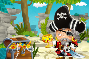 Naklejka premium cartoon scene with pirate and treasure in the jungle - illustration for children