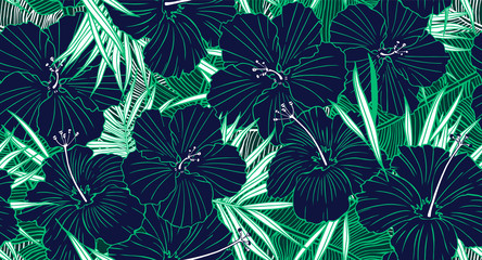 Tropical seamless pattern. Hand drawn texture with palm tree leaf, banana leaves and hibiscus flower. Exotic floral background.