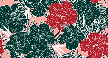 Tropical leaves seamless pattern. Hand drawn texture with palm tree leaf, banana foliage and hibiscus flower. Exotic floral background.