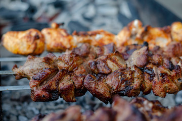 fried pieces of meat planted on skewers