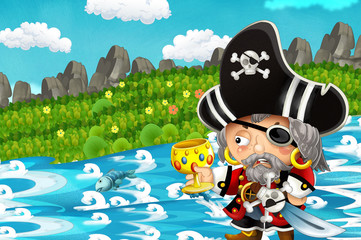 cartoon scene with pirate and treasure in the jungle - illustration for children