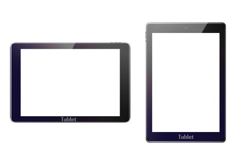 Realistic black tablet with flare and camera, and an empty space on the screen, isolated background
