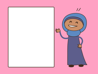 Cute muslim girl and empty sheet of paper. Vector illustration. 