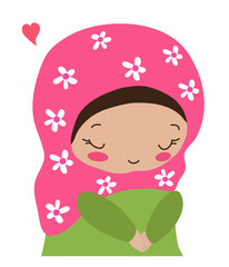A cute muslim girl in a flower scarf. Vector illustration. 