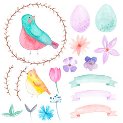 Watercolor easter set with bird, eggs and flowers 2