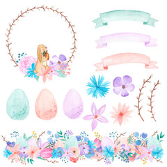 Watercolor set of easter rabbit with eggs and flowers 2