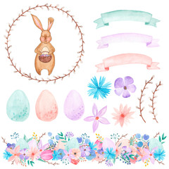Watercolor set of easter rabbit with eggs and flowers 4