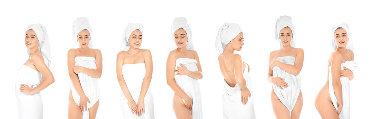 Set of beautiful young woman with towels on white background