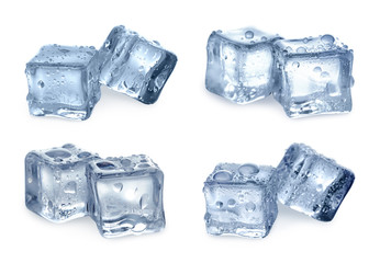 Set of crystal clear ice cubes on white background
