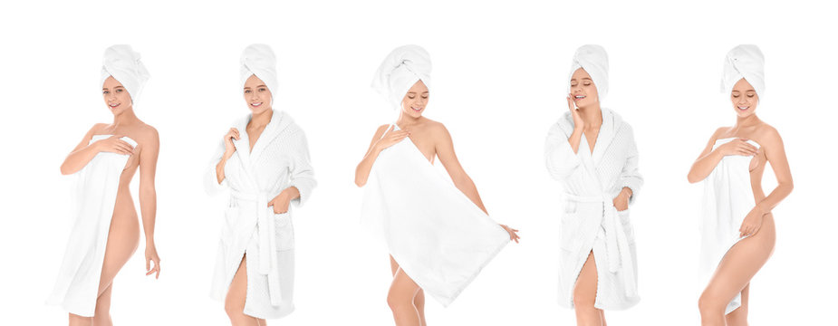 Set of beautiful young woman in bathrobe with towels on white background