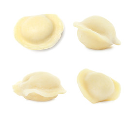 Set of delicious cooked dumplings on white background