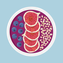 Acai smoothie bowl with figs, blueberries and oats, top view. Healthy natural breakfast. Portion of acai smoothie with fruits in a bowl isolated on background. Vector hand drawn illustration.