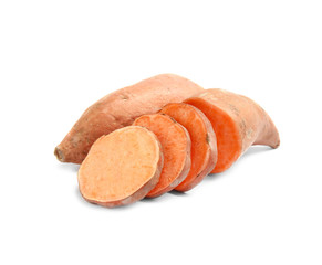 Cut and whole sweet potatoes on white background