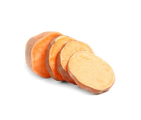 Slices of ripe sweet potato on white background