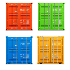 Realistic closed cargo containers. Frontal view. Vector set
