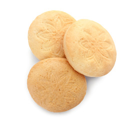 Tasty cookies for Islamic holidays isolated on white, top view. Eid Mubarak