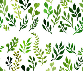 watercolor seamless pattern with green plants on white background - spring and summer floral design for invitation, wedding or greeting cards - hand drawn illustration