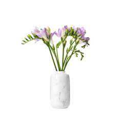 Bouquet of fresh freesia flowers in vase isolated on white