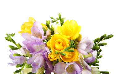 Bouquet of fresh freesia flowers isolated on white, top view