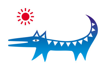 Cartoon funny dog with a long tail and sun. Vector graphics.