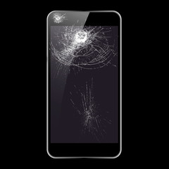 Black smartphone with broken screen on black background. The layout of the phone with a broken screen.