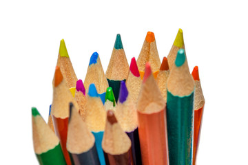 Close up color pencils isolated on white background.