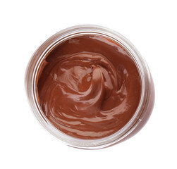 Glass jar with tasty chocolate cream isolated on white, top view