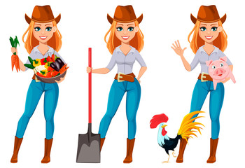 Young pretty farmer woman in cowboy hat